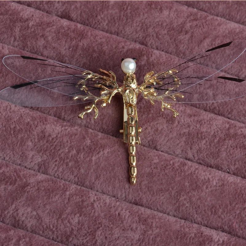 European golden dragonfly side clip headdress made of alloy with electroplated finish for women