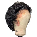 Black human hair pixie wig in colour 13x1 on a stand.