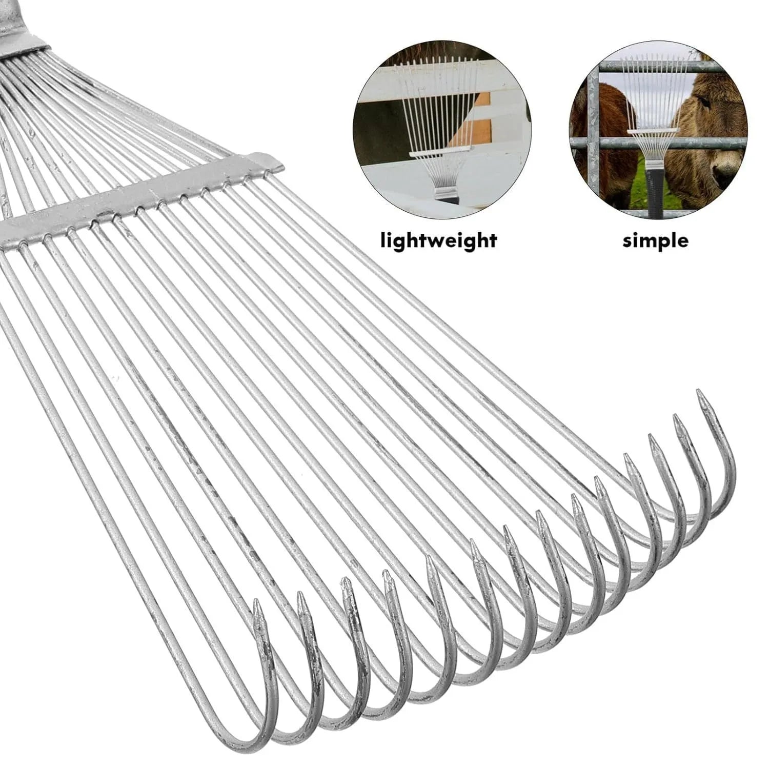 Stainless steel dematting brush rake for grooming horses and pets on a wooden surface.