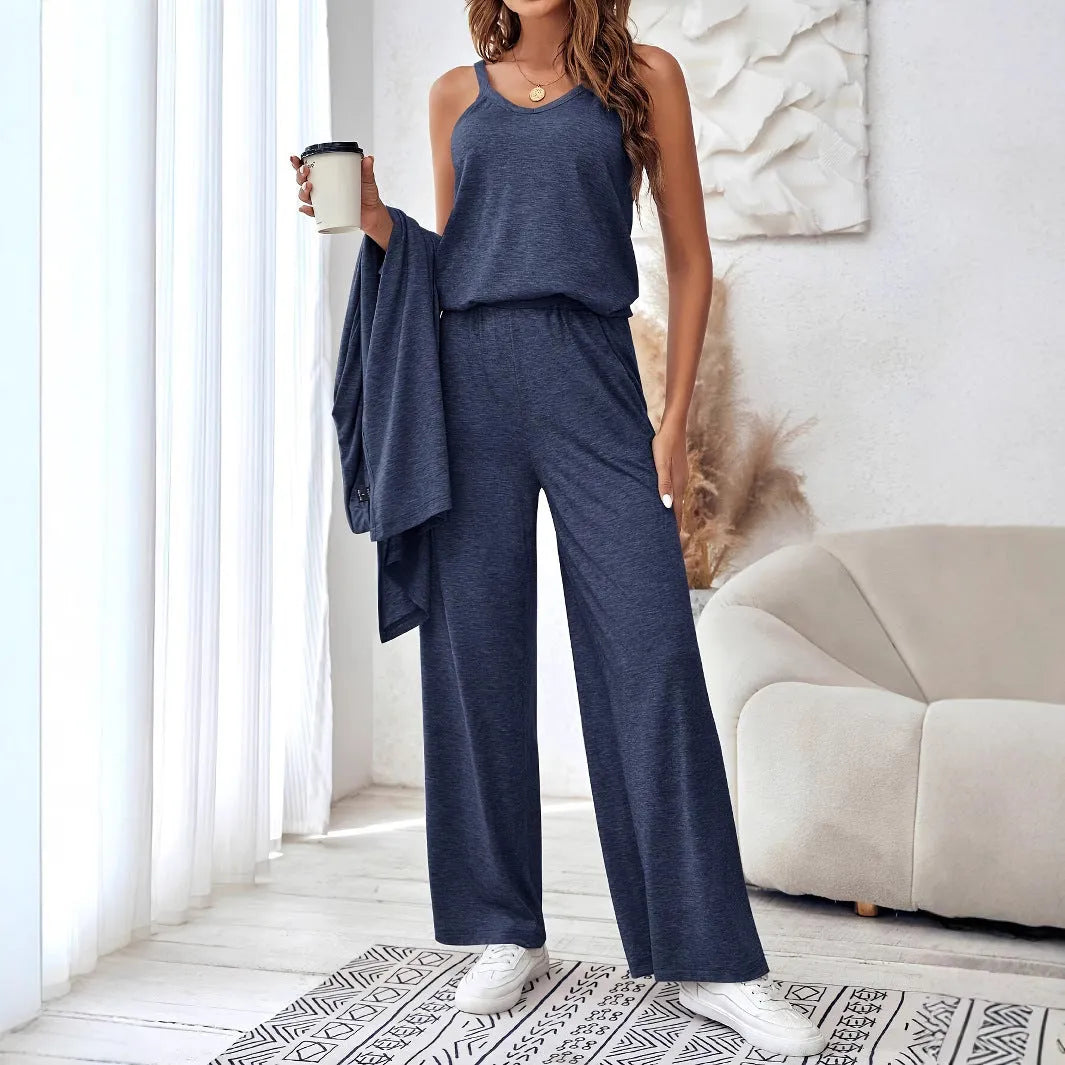 Blue women's three-piece suit set showing long cardigan, trousers, and sling top
