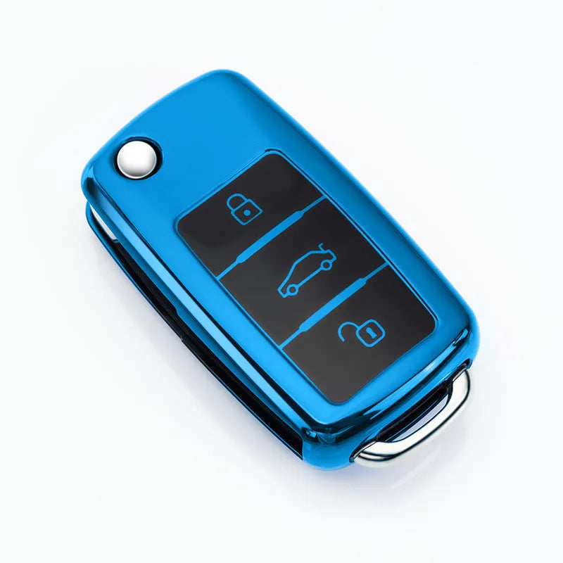 Volkswagen VW Model A TPU car key case with buckle set holding three keys in blue colour option