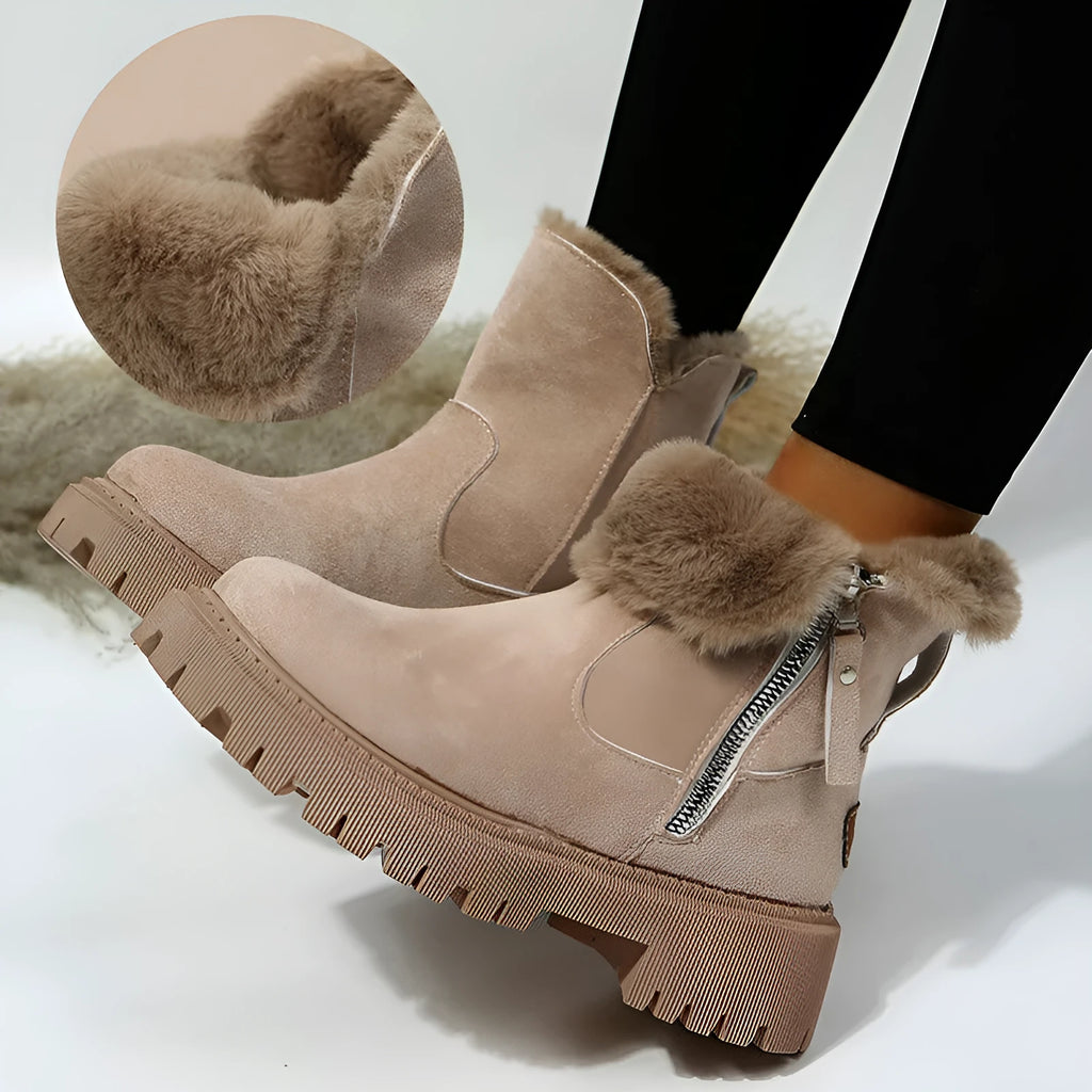 Women's black thick plush high-top snow boot with side zip and non-slip rubber sole.