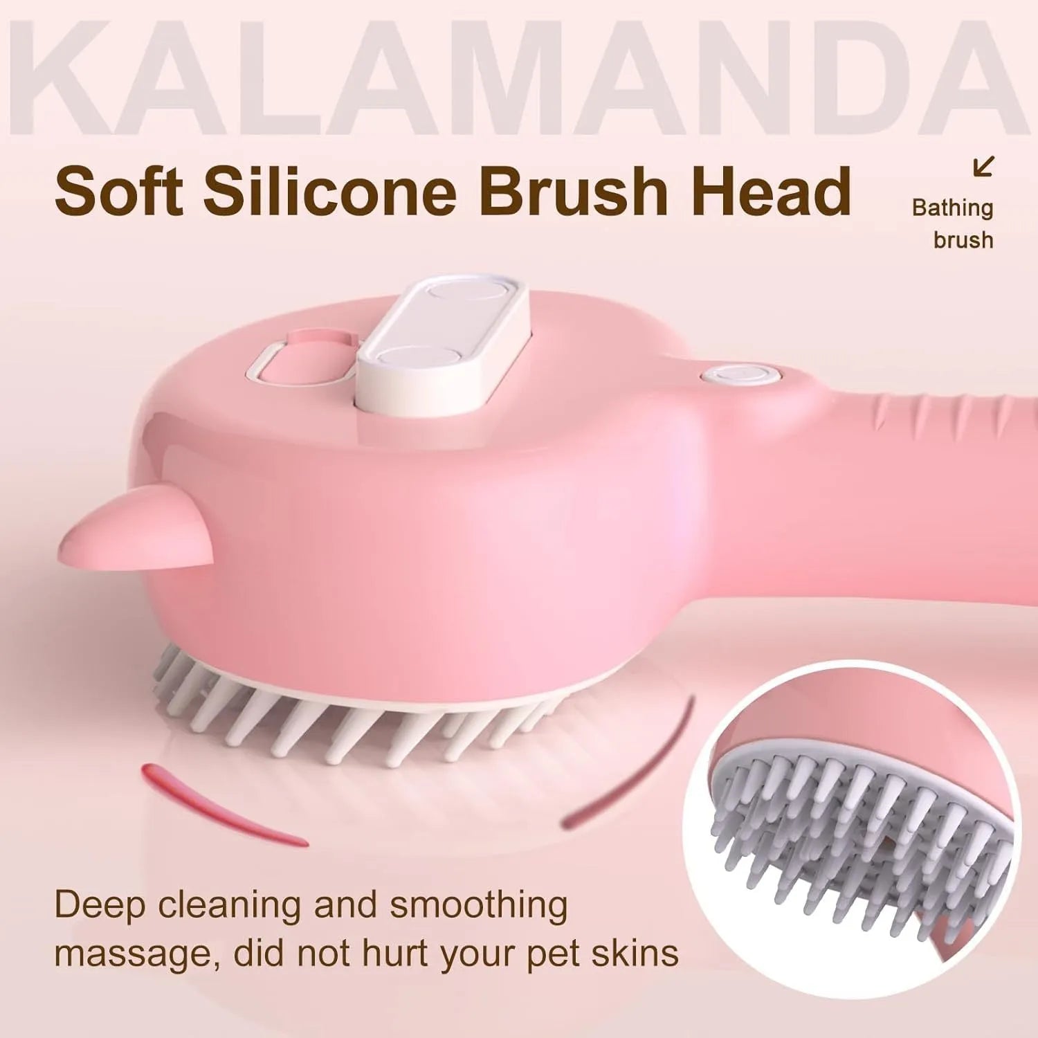 Blue cat steam brush with ergonomic handle, rubber bristles and one-click release button for pet grooming