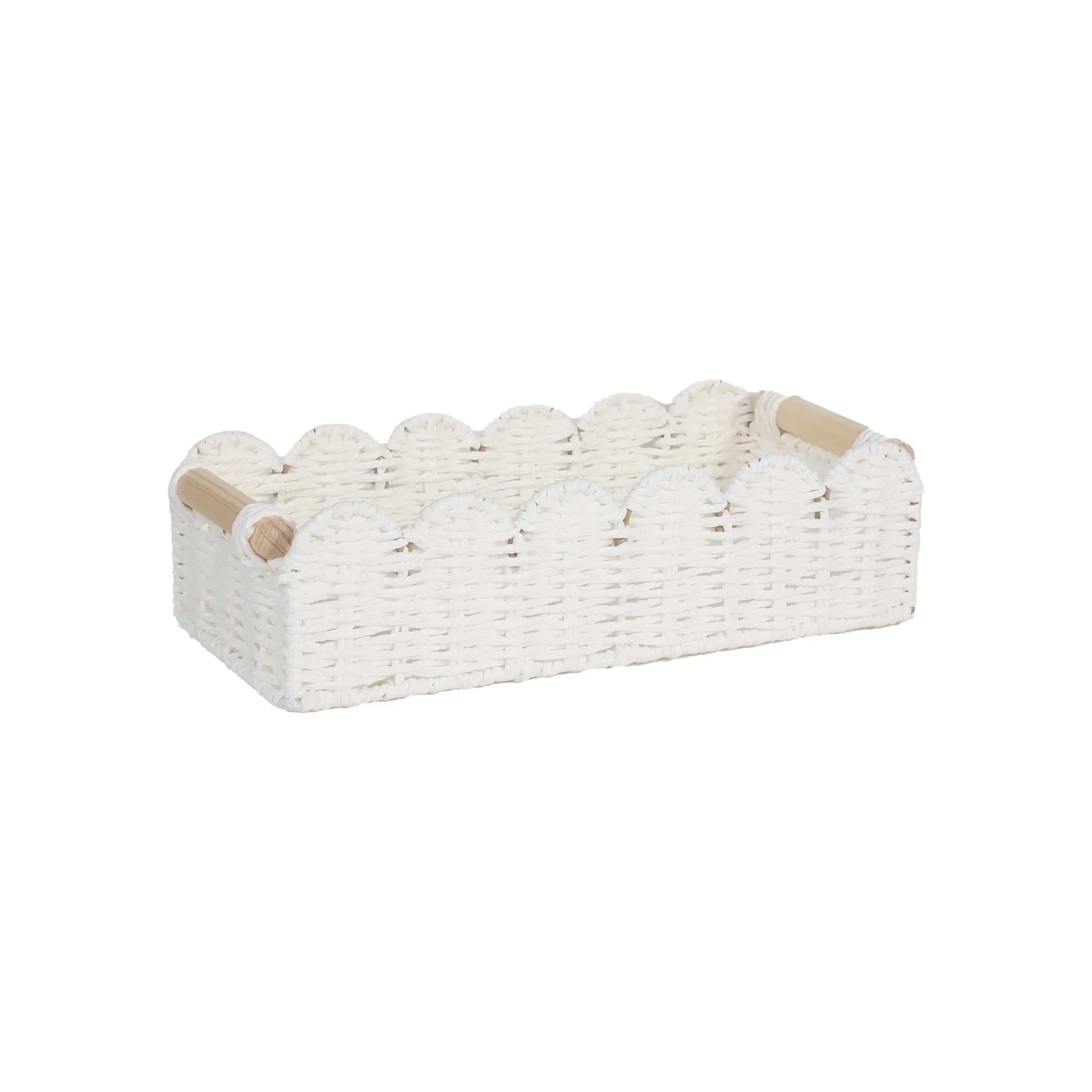 Woven paper storage basket measuring 35.5cm long for organising remote controls and stationery on desks