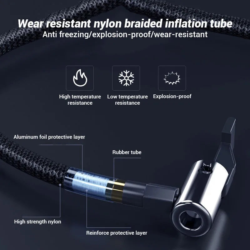 Black wireless digital tyre inflator pump with display screen, hose, and nozzles on a flannelette bag.