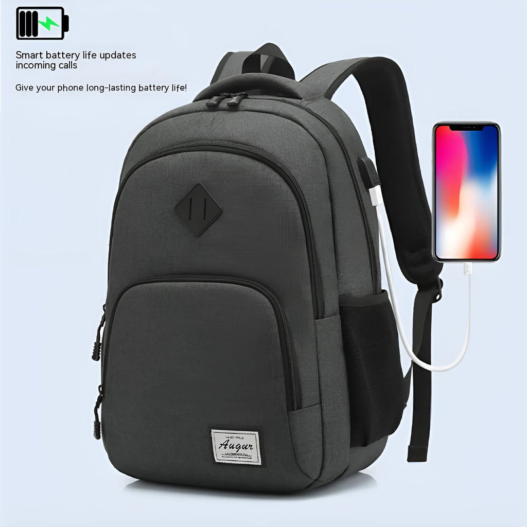 Grey lightweight charging backpack with USB port and trolley case compatibility