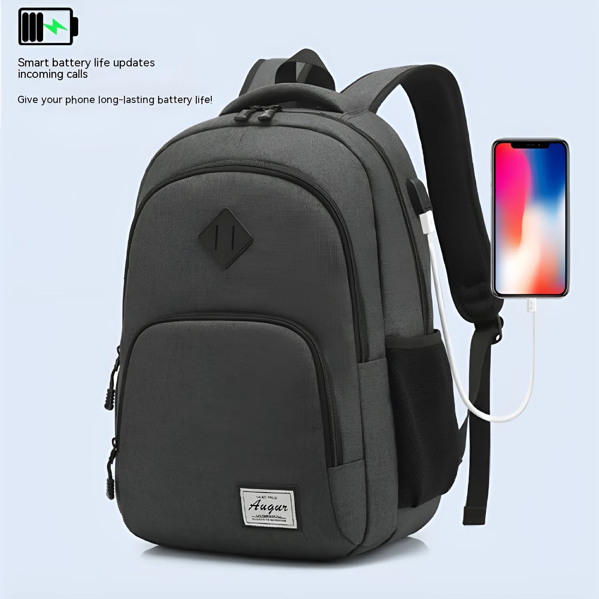 Grey lightweight charging backpack with USB port and trolley case compatibility