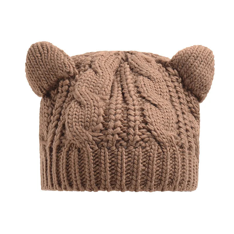 Hand-made knitted beanie hat with 3D cat ears in winter wool colours