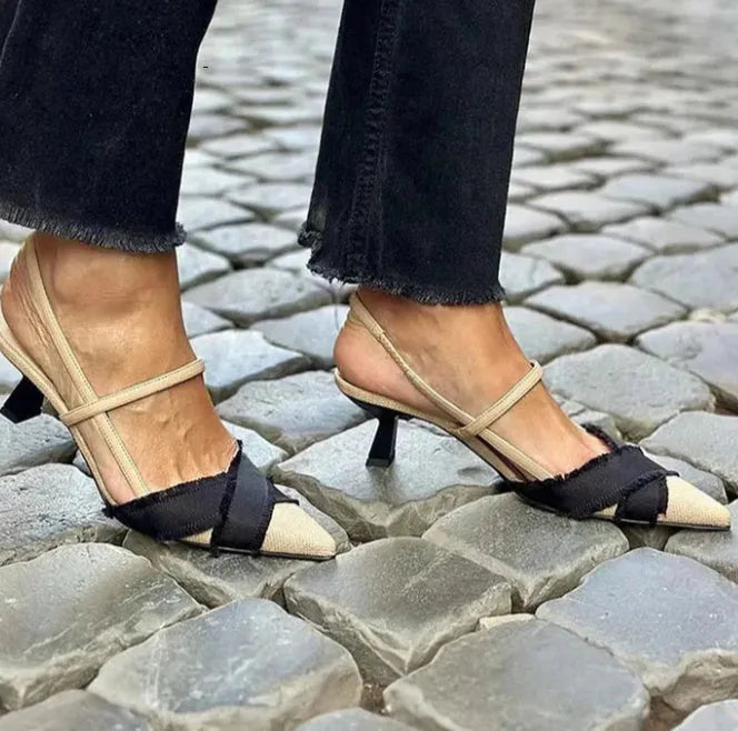 Women's apricot and black colour block stiletto sandals with pointed toe and buckle fastening