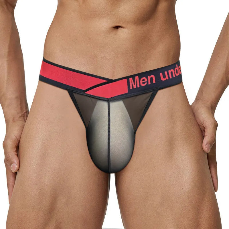 Men's red transparent ice silk breathable underwear briefs with large V gradient high fork design on white background