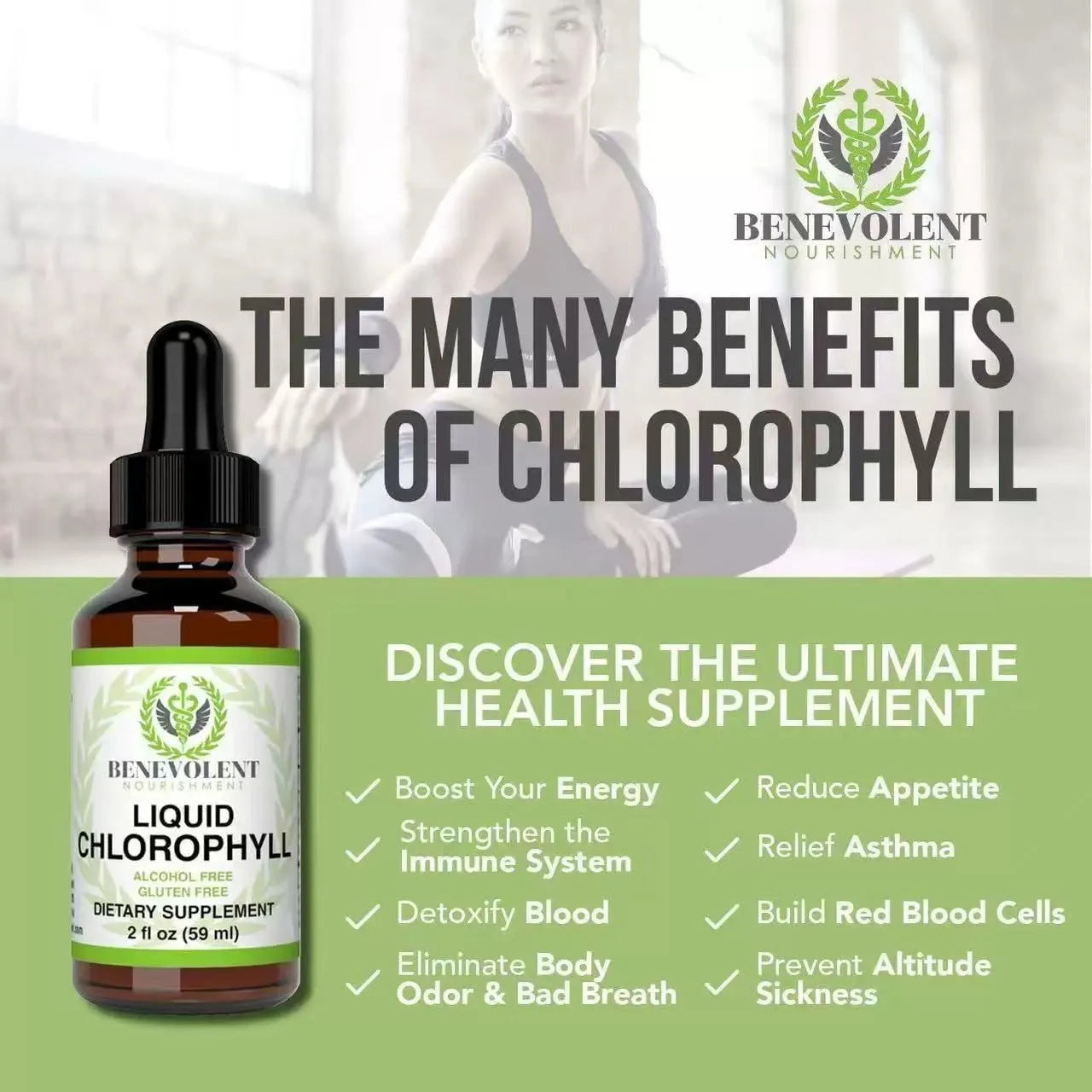 60ml bottle of natural liquid chlorophyll drops for adult intestinal care and body odour support