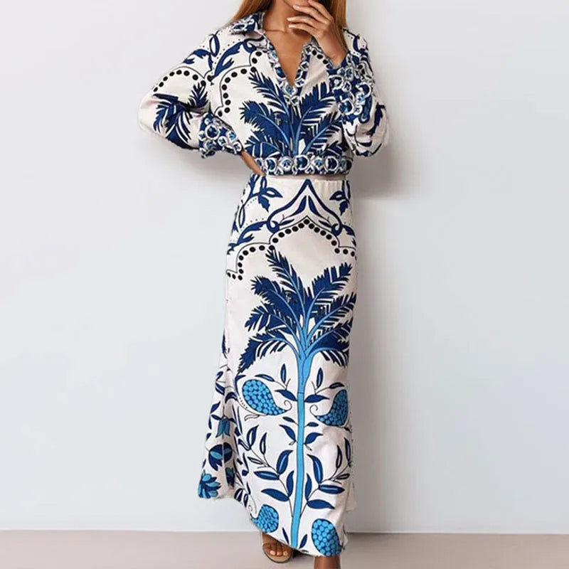Women's early spring floral print two-piece co-ord set with long sleeve top and matching long skirt