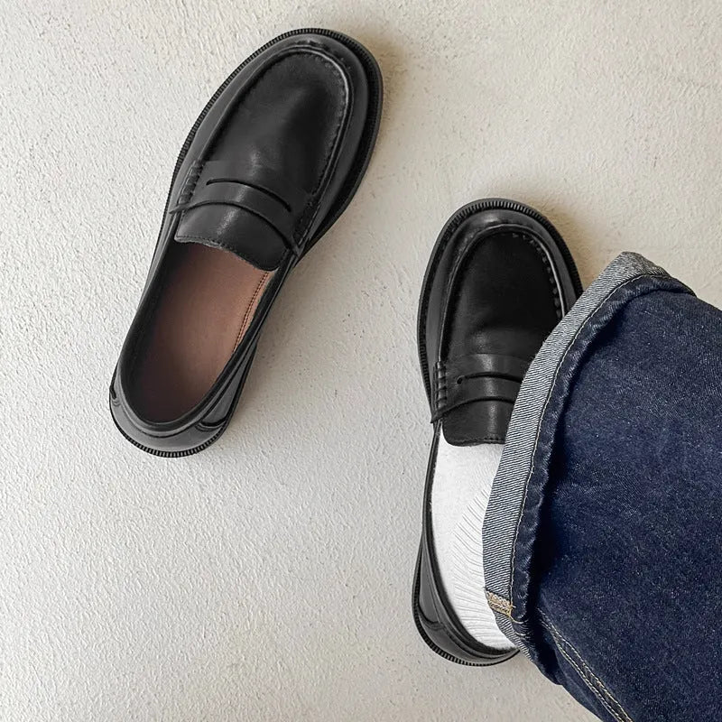 Men's unisex slip-on retro business casual shoes in black, beige, apricot, and brown microfiber with rubber sole