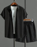 Men's jacquard short sleeve shirt and matching shorts suit set in beige, black, grey, or white