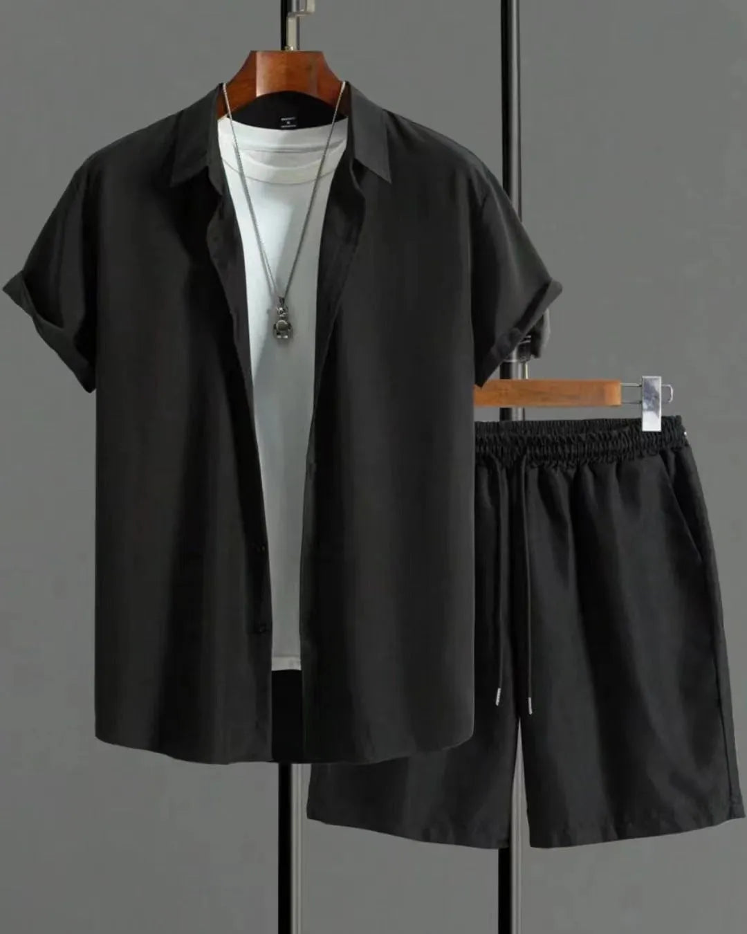 Men's jacquard short sleeve shirt and matching shorts suit set in beige, black, grey, or white