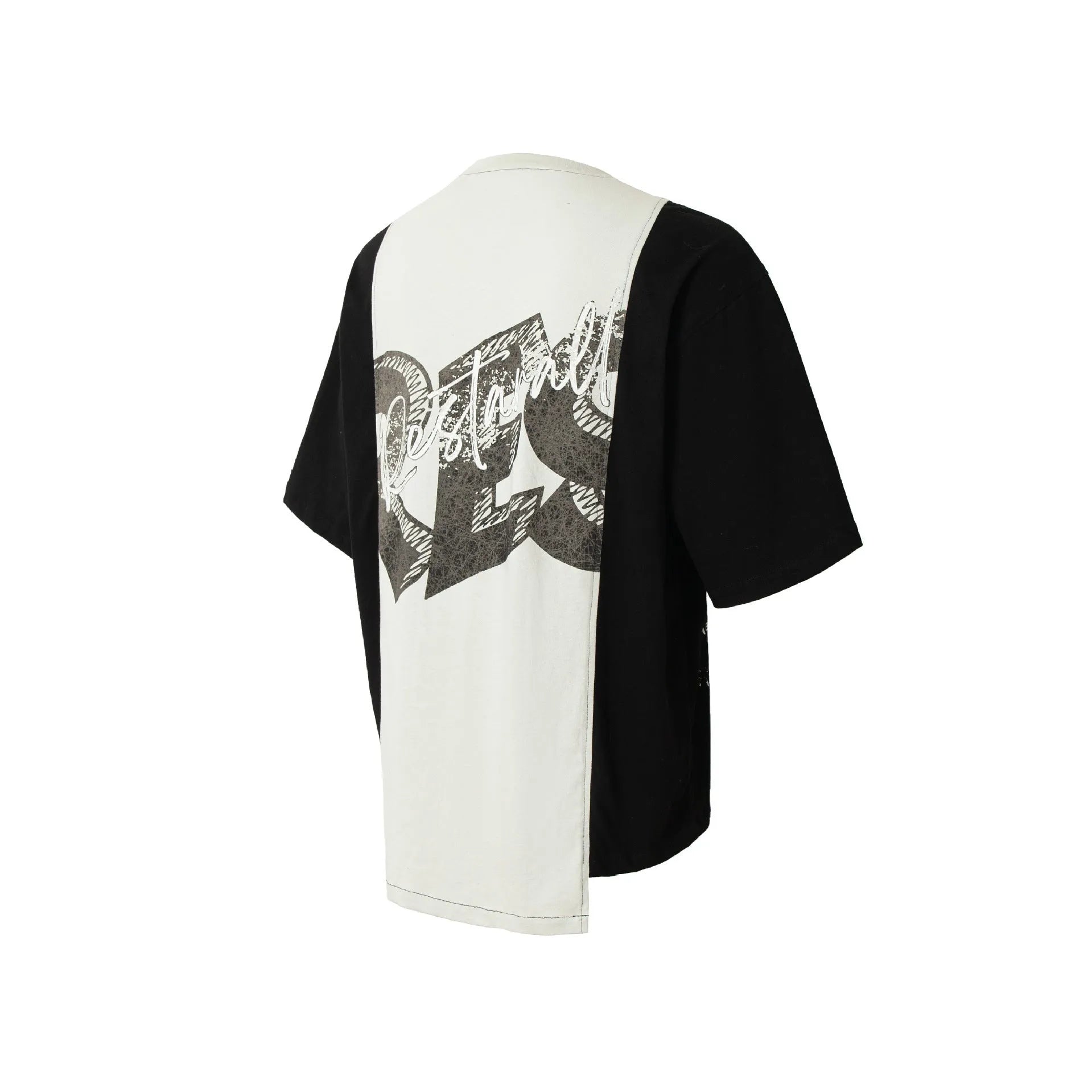 Broken collage deconstruction print T-shirt with black and white stitching, loose fit short sleeve