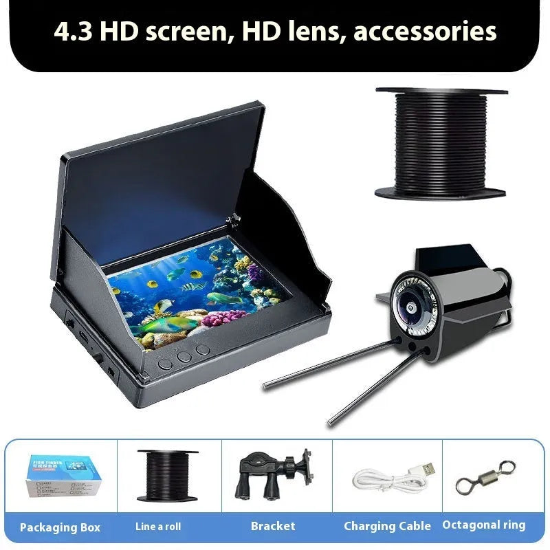 Fish finder underwater camera with 4.3-inch screen, showing wide-angle underwater view with night vision lights illuminated.