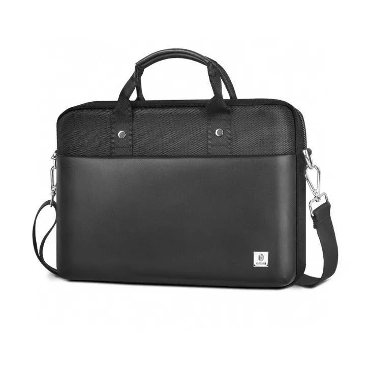 Black Oxford cloth laptop backpack showing multiple organisation pockets and a separate padded computer compartment.