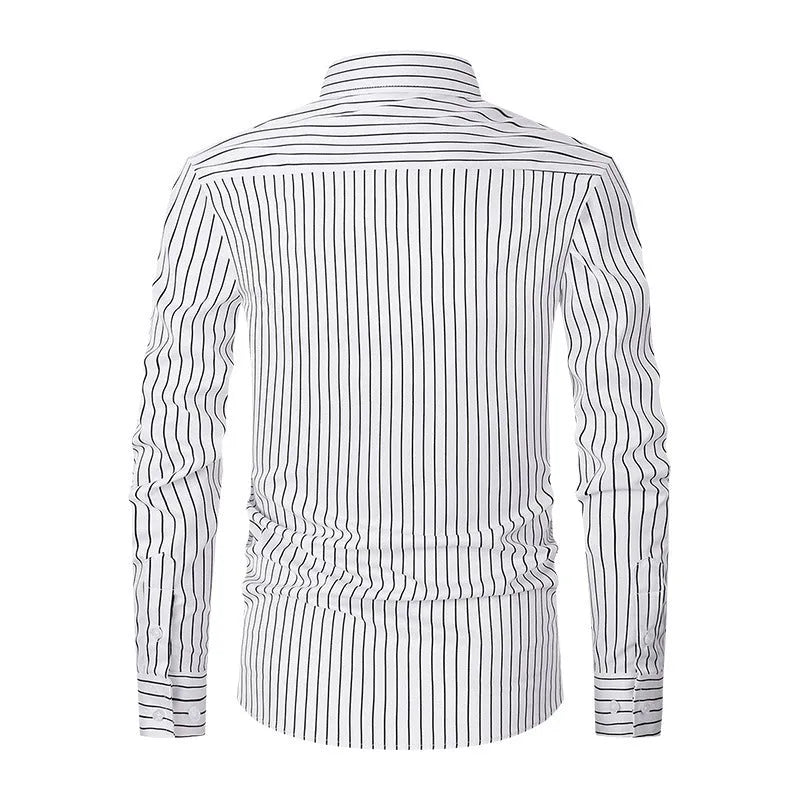 Men's striped long sleeve shirt in polyester blend fabric with slim fit cardigan styling