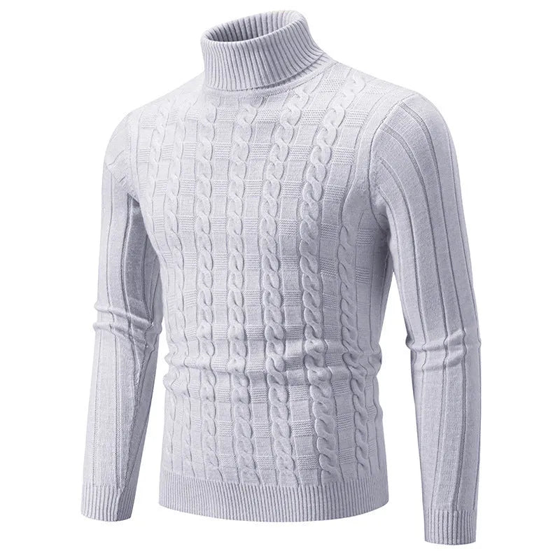 Men's slim fit turtleneck pullover jumper in spandex chenille fabric on a model.