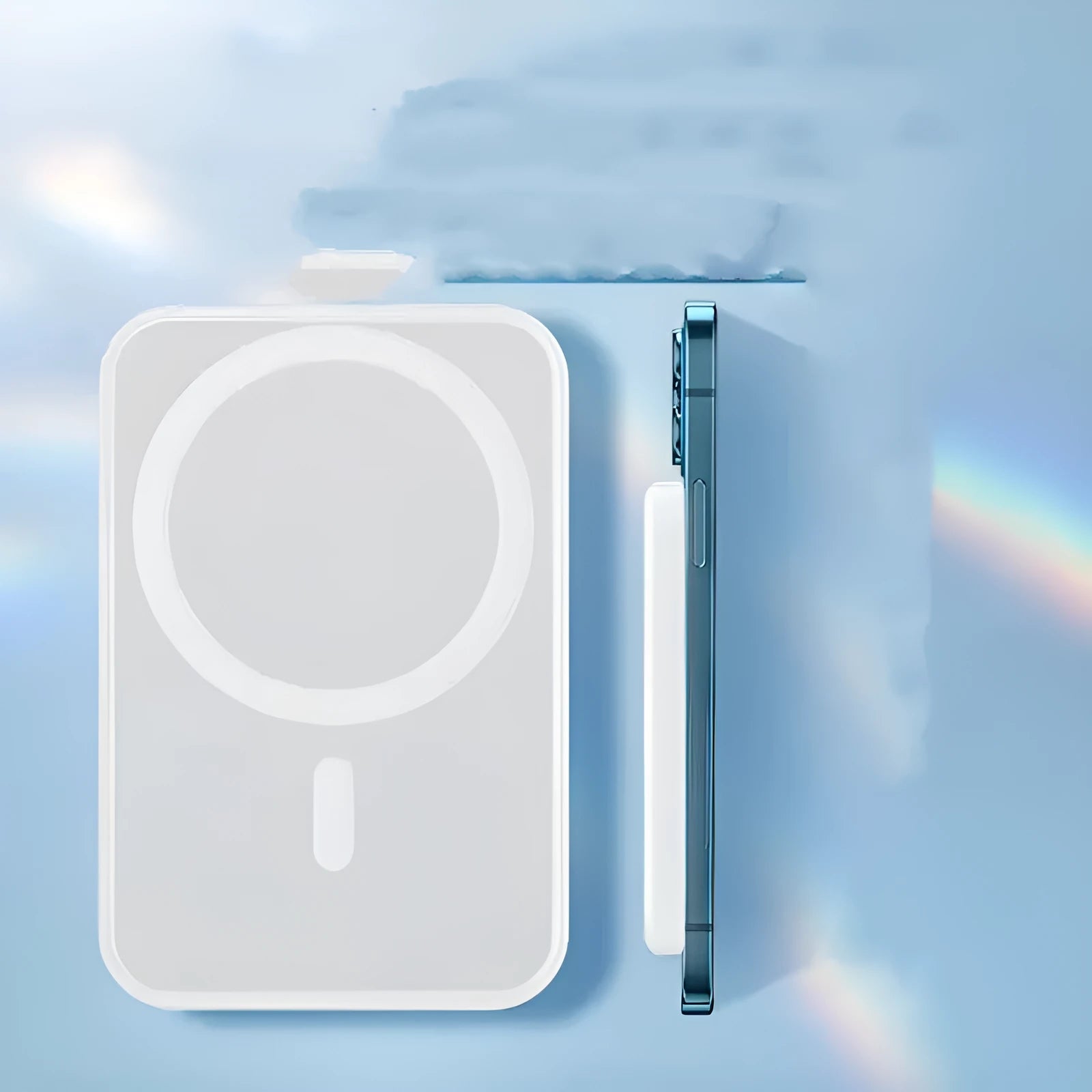 White portable magnetic wireless charger power bank showing compact design and charging surface