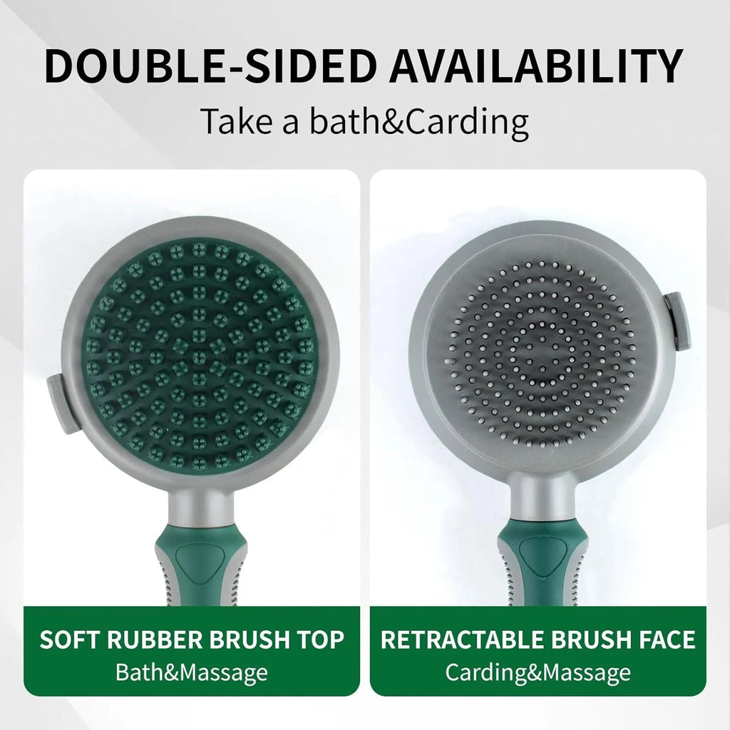 Green two-sided pet brush with slicker pins on one side and silicone massage teeth on other side