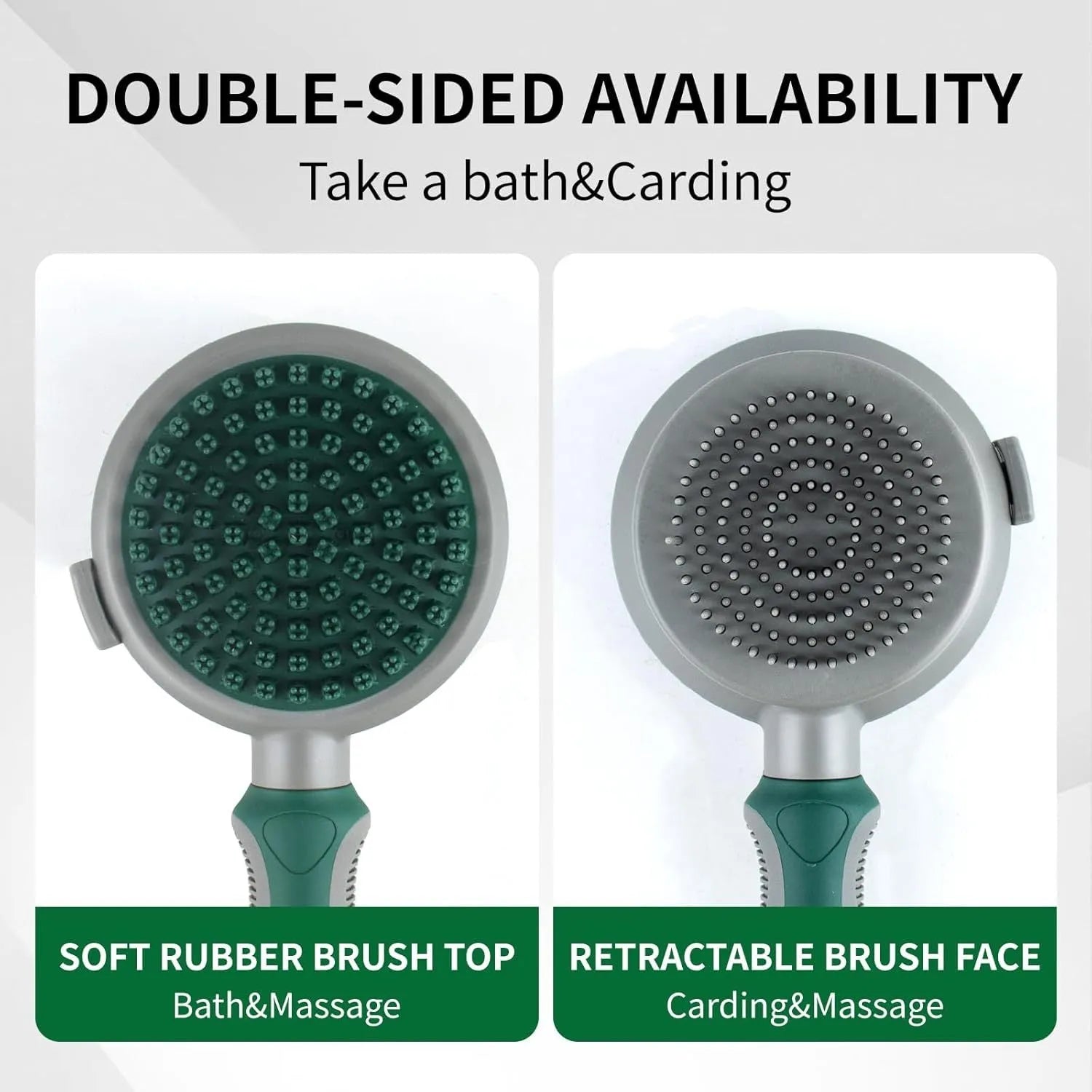 Green two-sided pet brush with slicker pins on one side and silicone massage teeth on other side