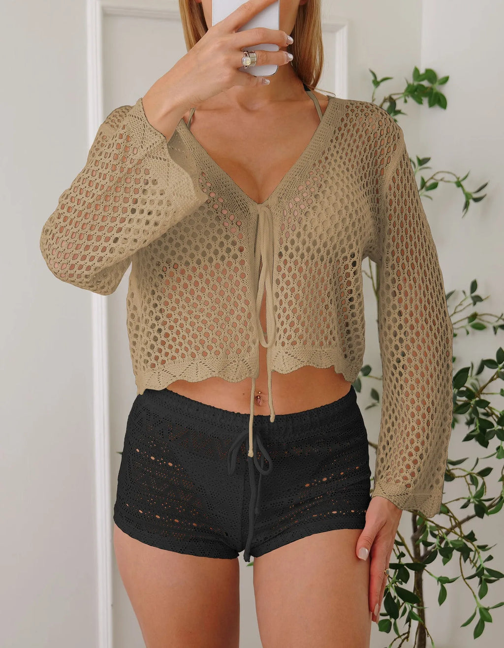Women's apricot hollow woven cardigan blouse with bell sleeves and short length