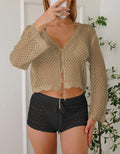 Women's apricot hollow woven cardigan blouse with bell sleeves and short length