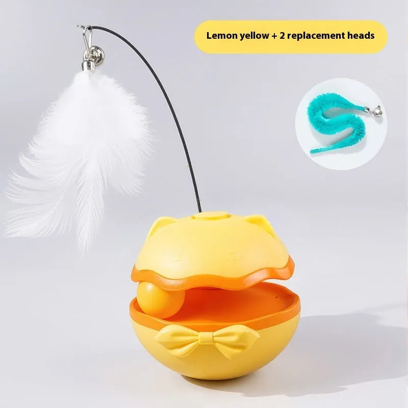 Electric plastic cat toy tumbler with LED lights in lemon yellow, blue, or grey.