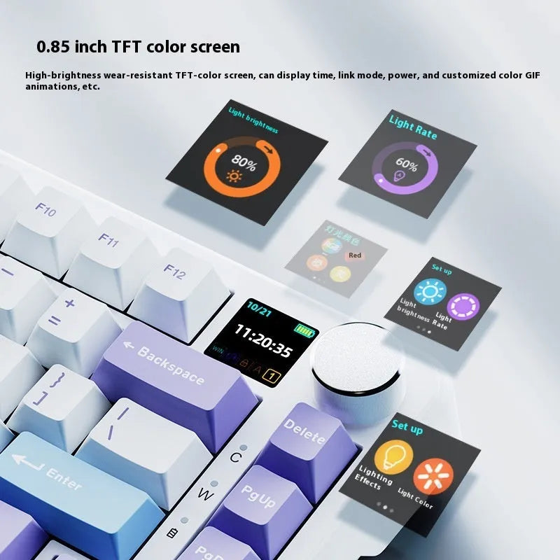 Three-mode mechanical keyboard with hot-swappable switches in black, grey and yellow colour scheme
