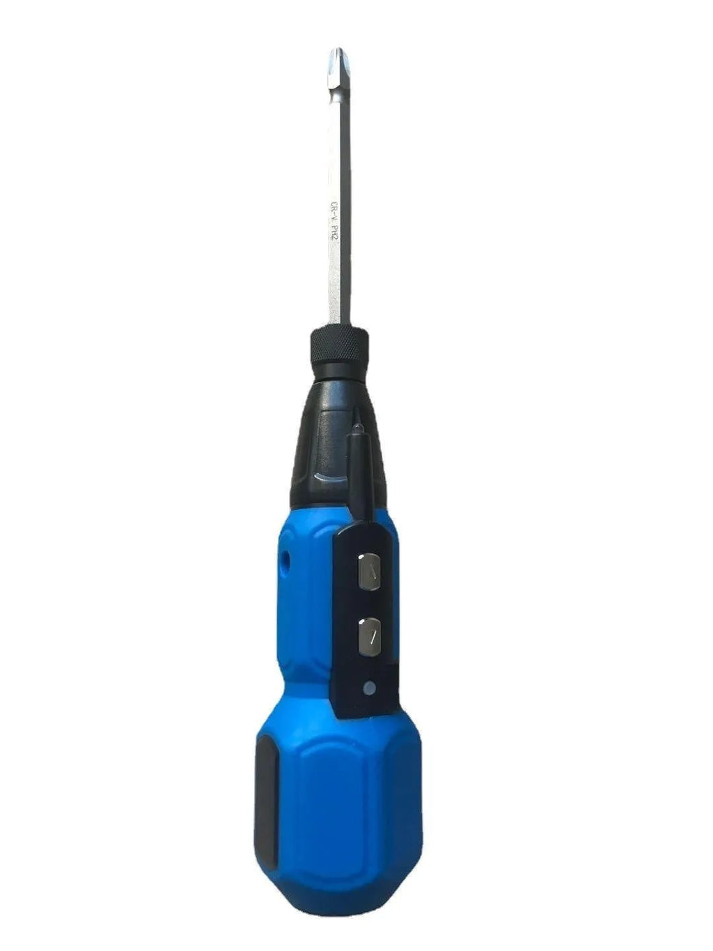 Black and blue alloy steel electric screwdriver with straight handle and rechargeable battery