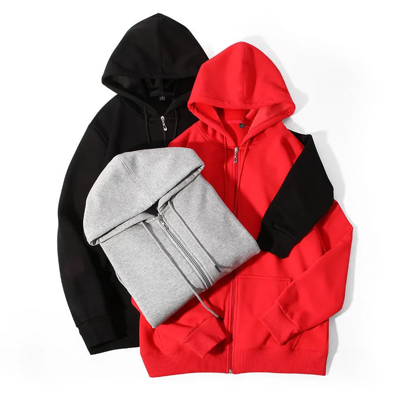 Men's beige heavyweight zip-up hooded cardigan sweater with top-stitch pockets, shown in a loose fit.