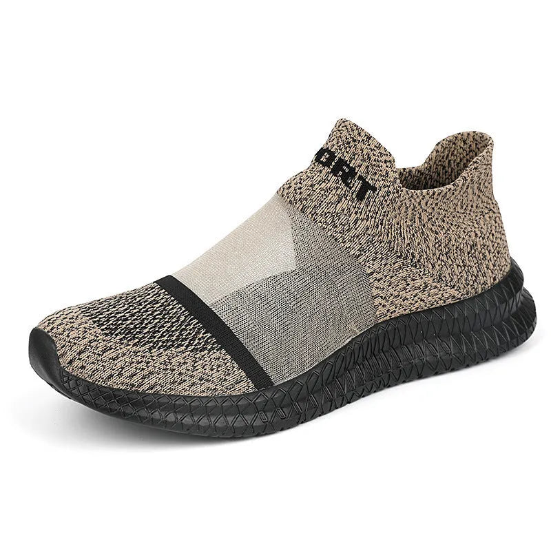 Breathable flyknit low top sock shoes in khaki with lace and hollow details, pair of casual sports shoes