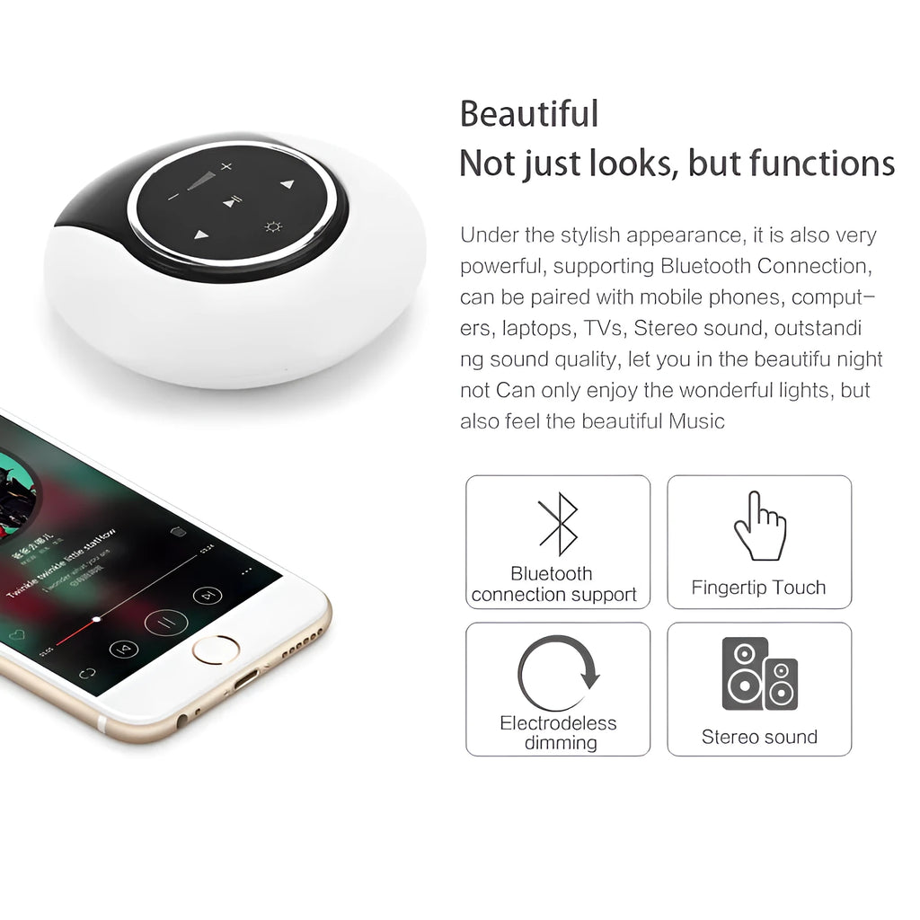 Blue Bluetooth desk lamp with speaker, shown folded, with touch controls on a white base.
