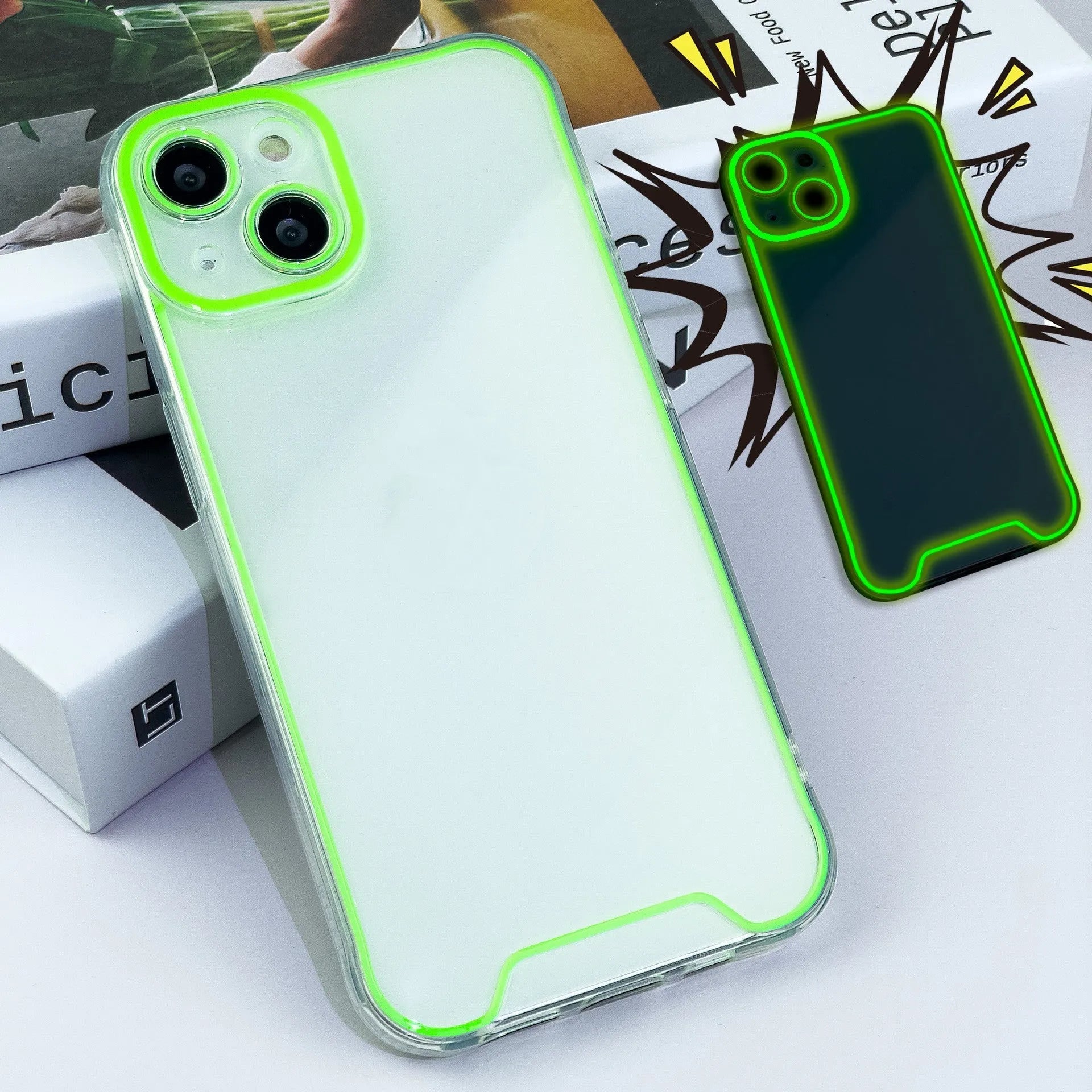 Glow in the dark soft TPU phone case for iPhone in blue, green, orange, pink and yellow colours.