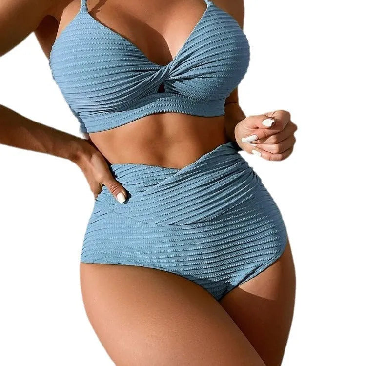 Women's solid colour polyester bikini two-piece swimsuit in olive green with simple cut