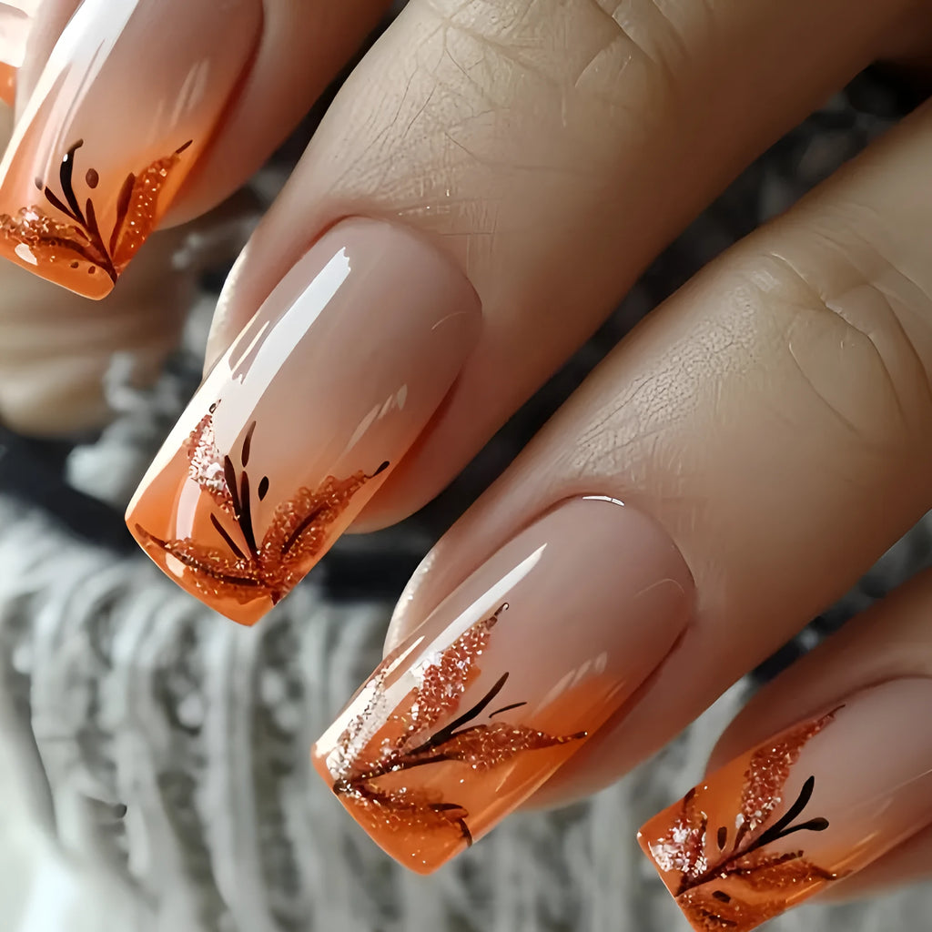 Red brown gradient leaf French style fake nails on hand, medium size, W926 model