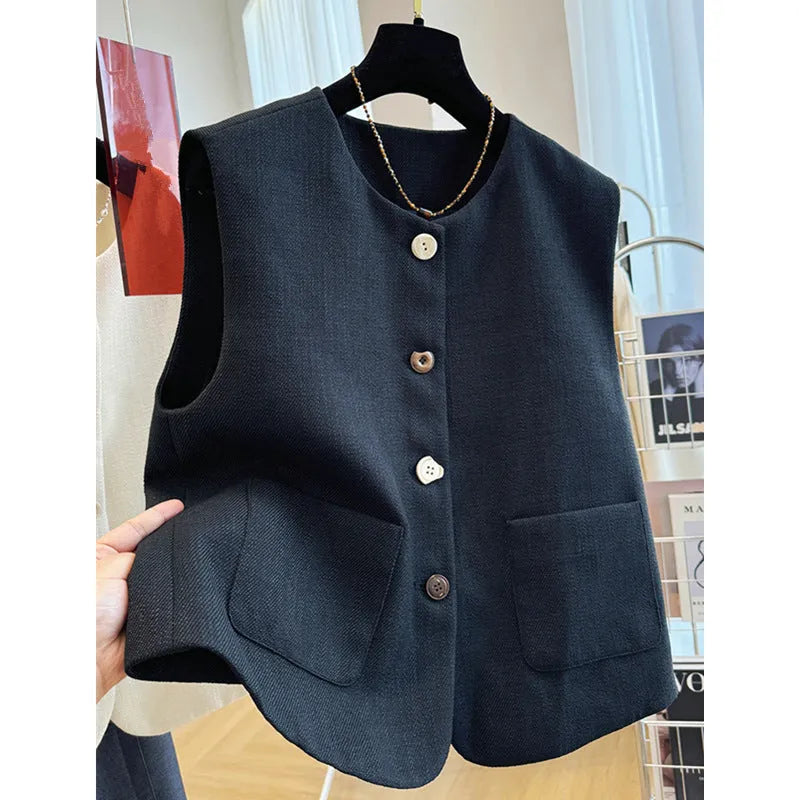 French style bandage vest for women in milky white, sleeveless round neck design.