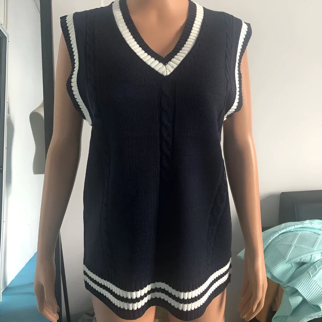 Women's slim fit waistcoat V-neck acrylic sweater with striped stitching in multiple colours