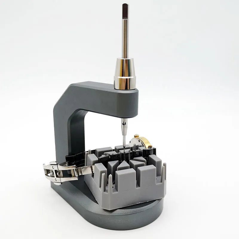 Silver tool steel multi-purpose press strap removal tool for watch and jewellery repair.