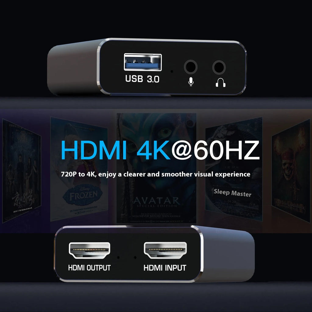 Black 4K gaming set-top box with MS2131 chip for 1080p output and audio recording