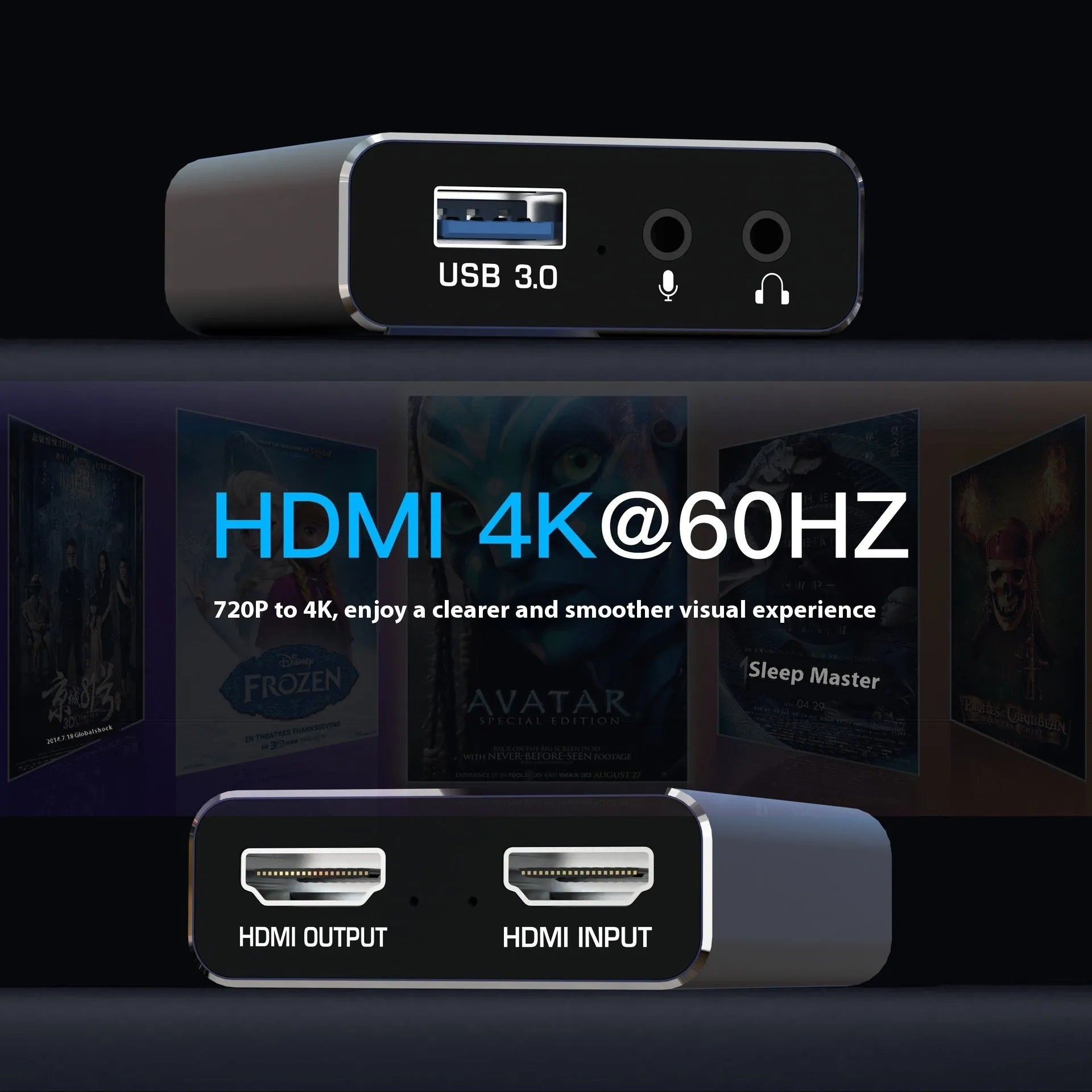 Black 4K gaming set-top box with MS2131 chip for 1080p output and audio recording