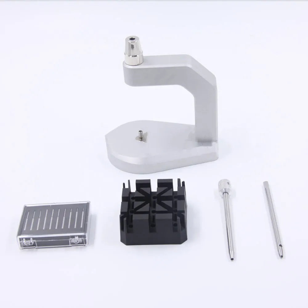 Silver tool steel multi-purpose press strap removal tool for watch and jewellery repair.