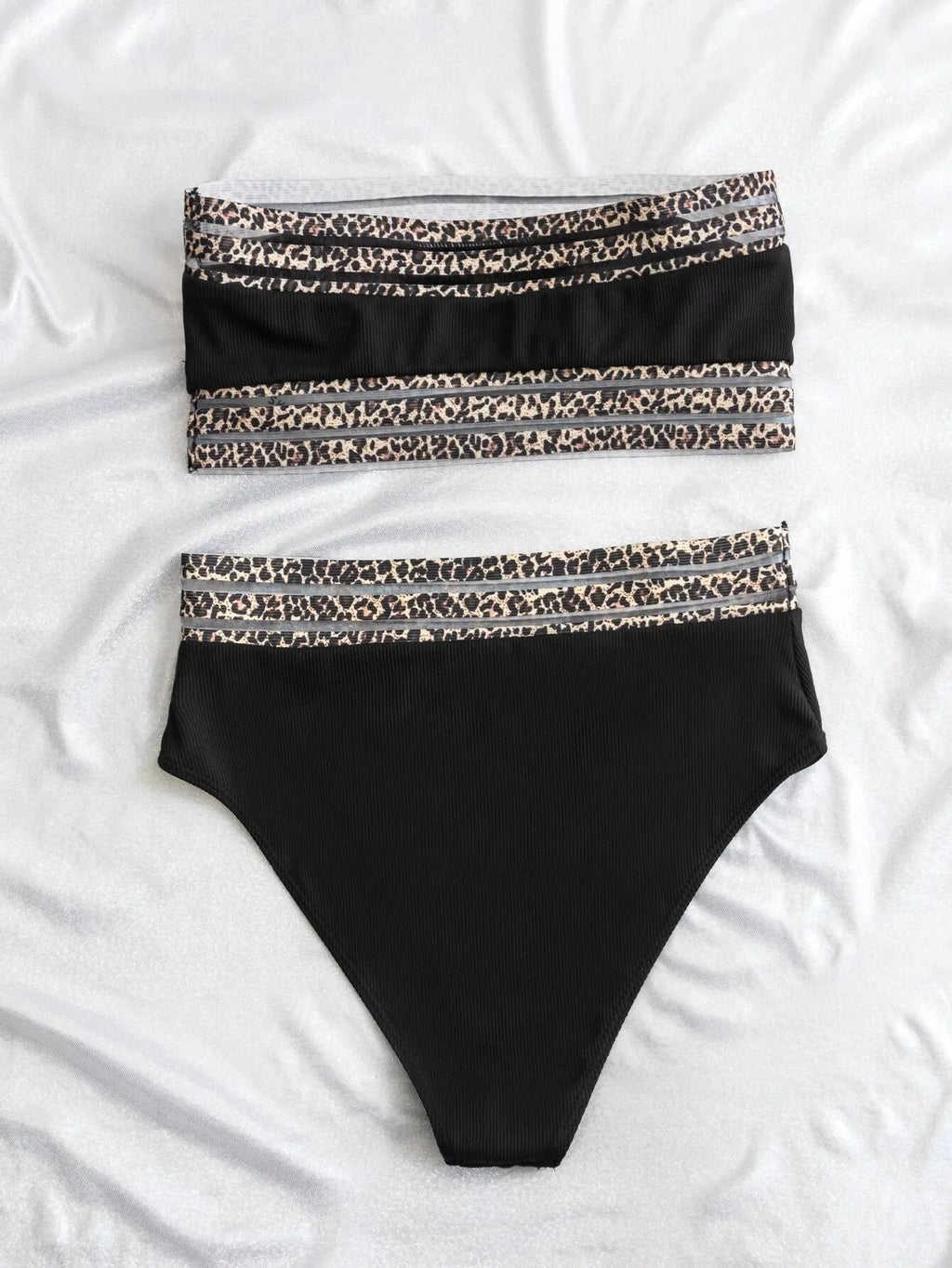 Black strapless swimsuit with leopard pattern splicing and brief-style bottoms