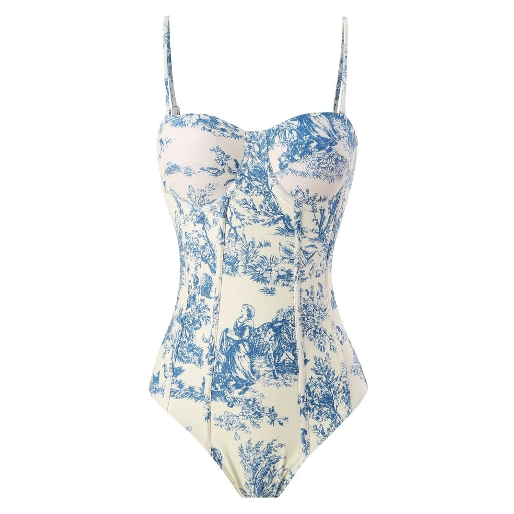 Blue women's one-piece swimsuit with matching gauze skirt in polyester fabric showing Asian sizing options