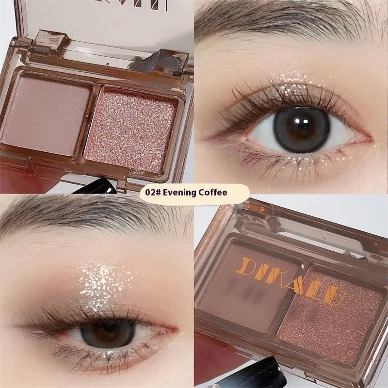 Two-tone eyeshadow palette showing pink and black matte shimmer powder in compact with five colour set options