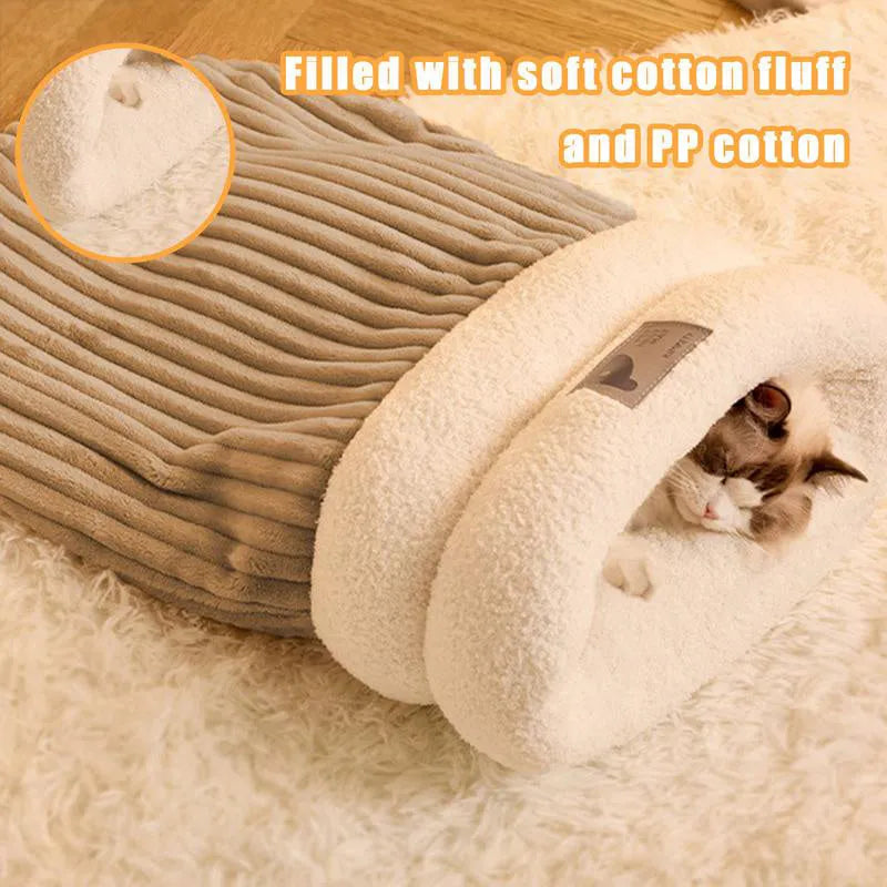 Soft plush semi-enclosed cat sleeping bag in brown with three-layer thickened design for winter warmth