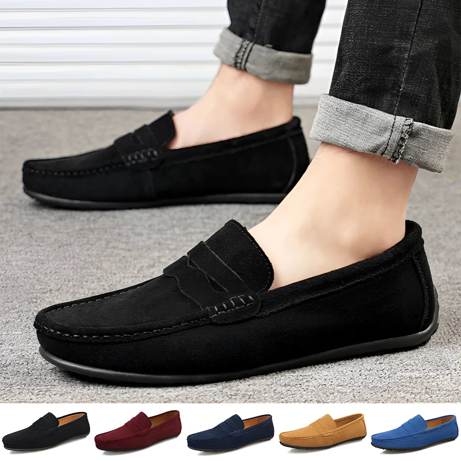 Men's solid-colour suede loafers with a round toe and flat rubber sole.