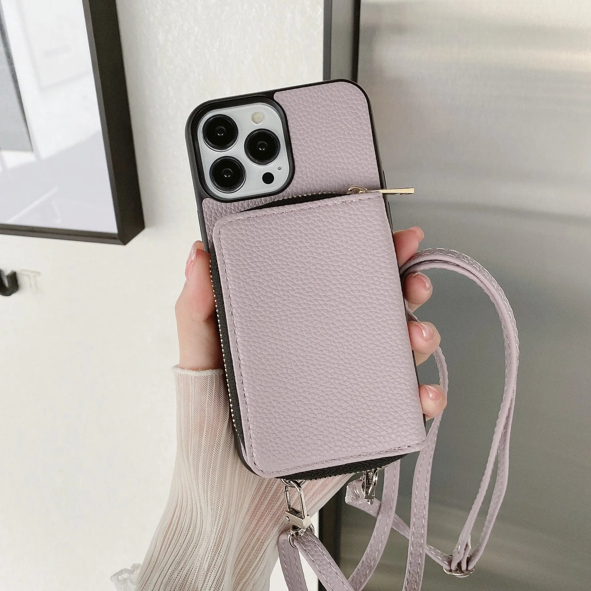 Litchi patterned phone protective case in PC and leather for iPhone 12, 13, and 14 series, black colour option